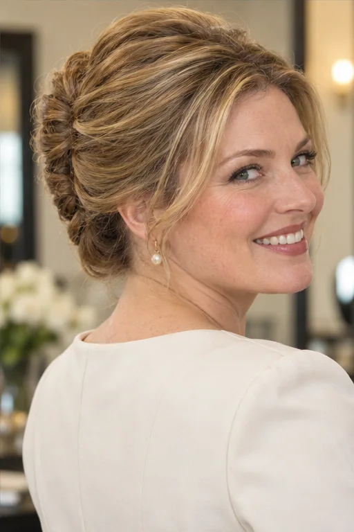 Dark blonde hair with a gently rounded lifted crown above a slim upright French roll