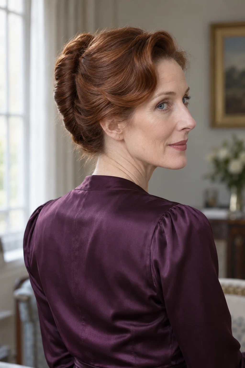 Auburn hair with a broad sculpted side wave at the front and a smooth upright French roll behind