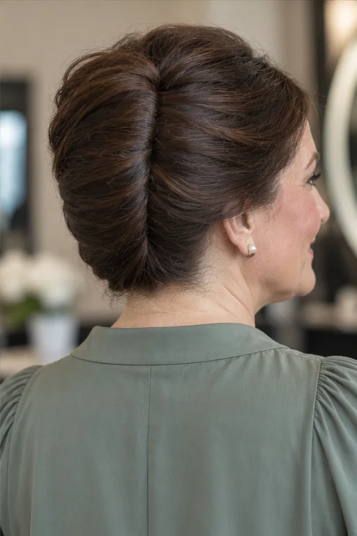 Dark brown hair in a broad flat French pleat with a clean tucked vertical edge