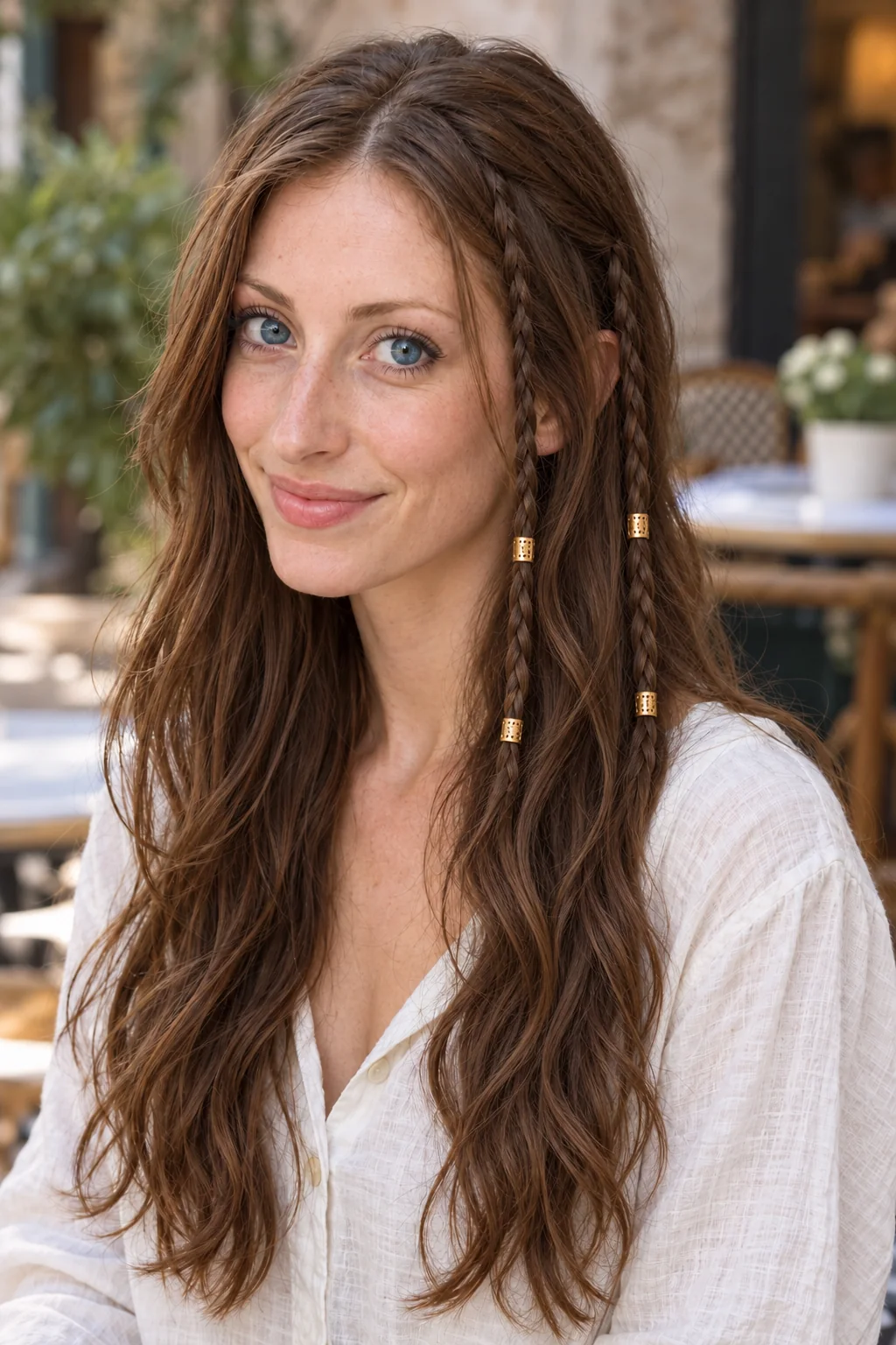 Four small gold cuffs decorate two narrow braids beside otherwise loose brown hair.
