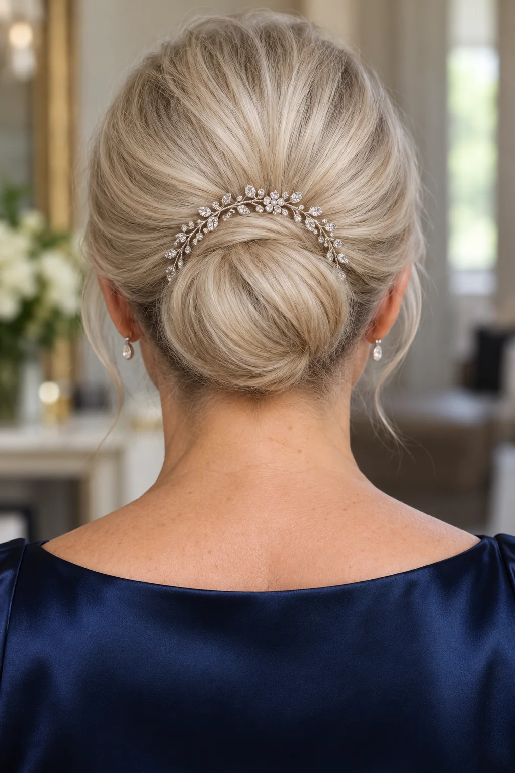A flexible silver crystal vine follows the upper curve of a compact blonde low bun.