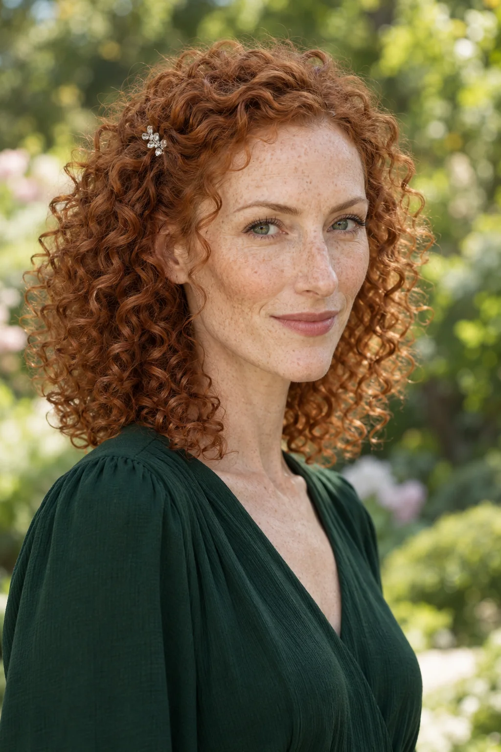 A small silver crystal slide holds back one side of a rounded shoulder-length curly style.