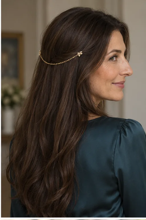 A fine gold chain curves across the back of smooth long brown hair from two discreet side attachments.