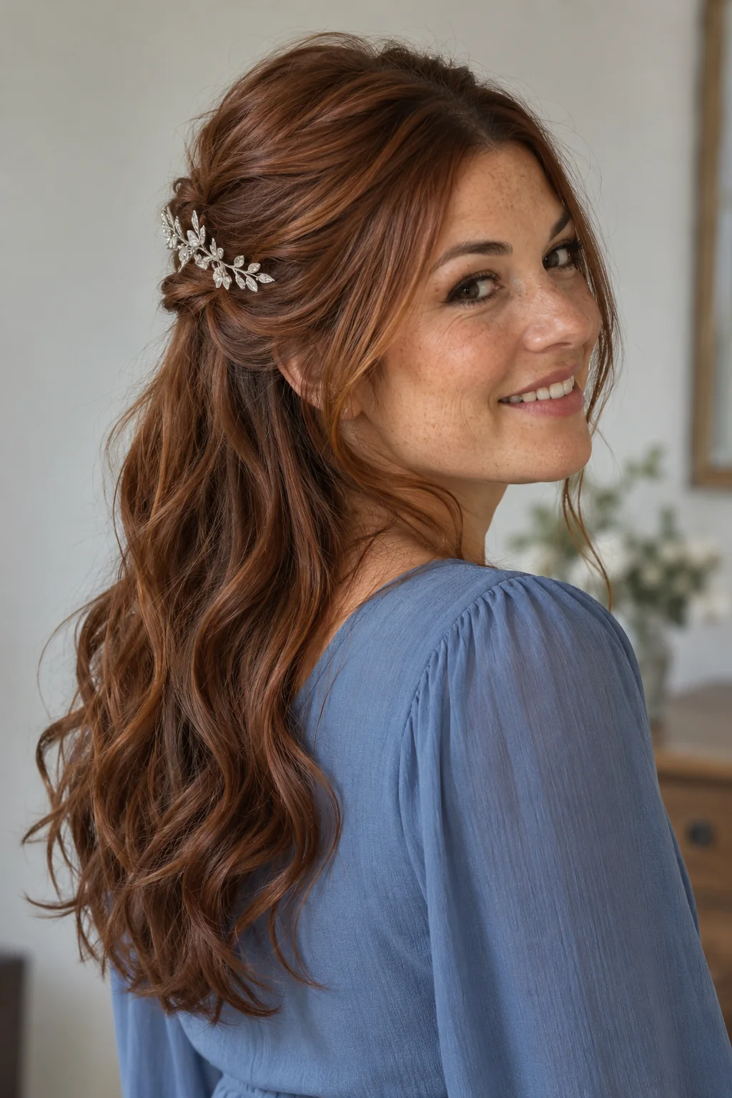 A silver leaf comb sits across the join of a small half-up twist above loose auburn waves.