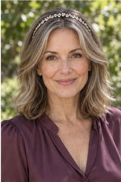 A narrow crystal headband arcs over a shoulder-length dark blonde cut with a soft center part.