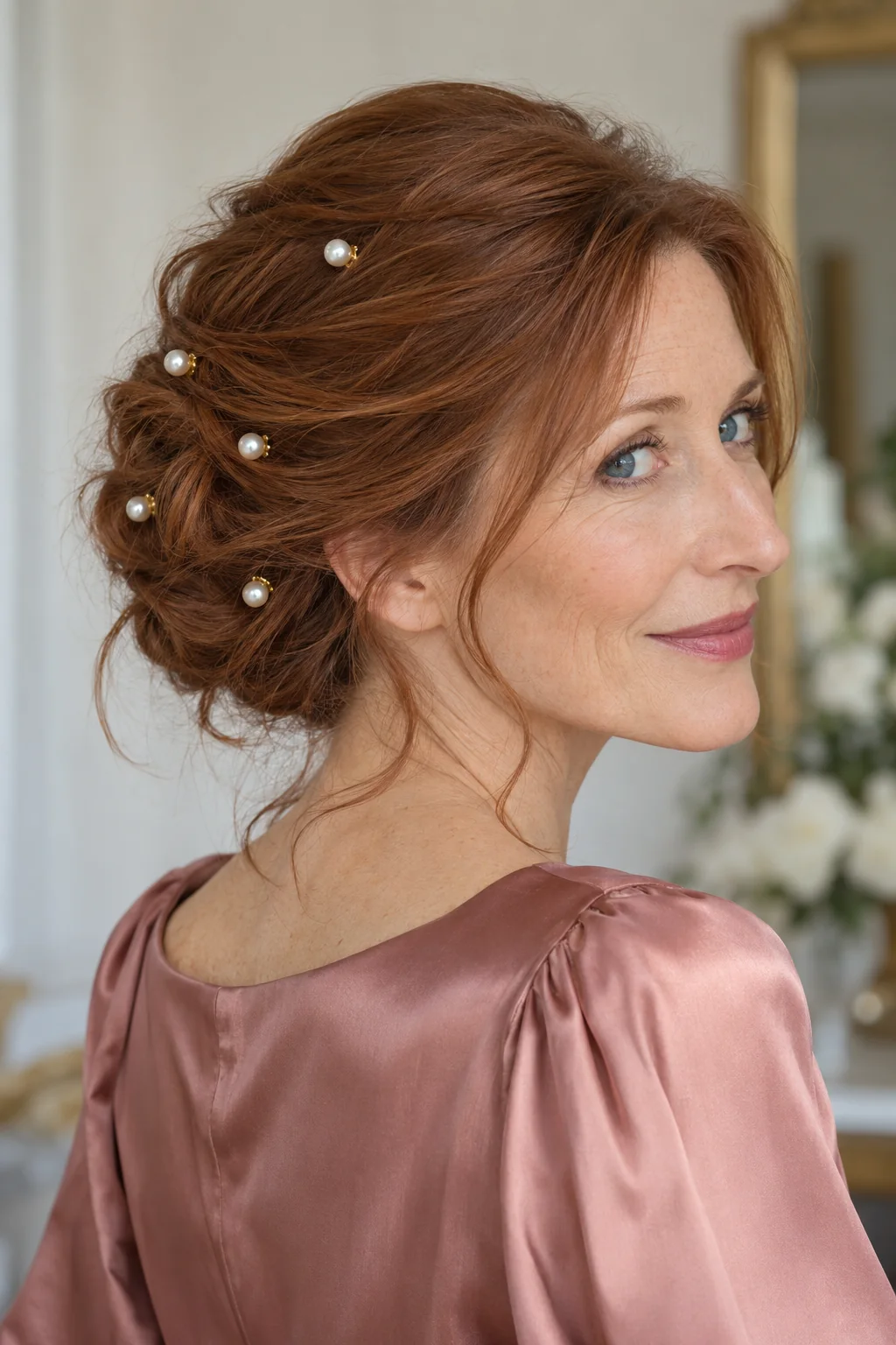 Five pearl-ended decorative hair spirals punctuate the surface of a softly folded auburn updo.