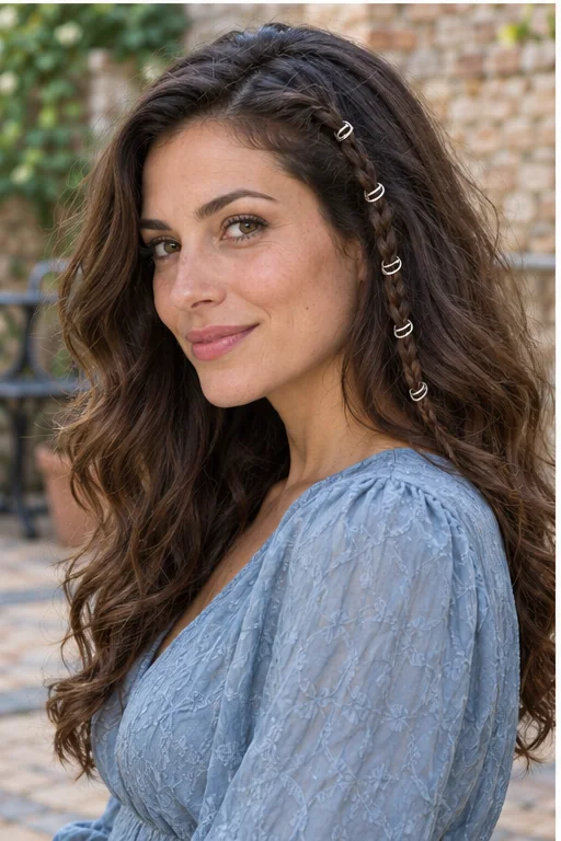 Five small silver rings sit along one narrow side braid against loose dark brown waves.