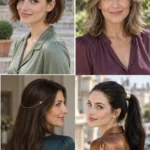 Four hair jewelry styles showing a pearl barrette, jeweled headband, draped chain and ponytail cuff