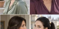 Four hair jewelry styles showing a pearl barrette, jeweled headband, draped chain and ponytail cuff