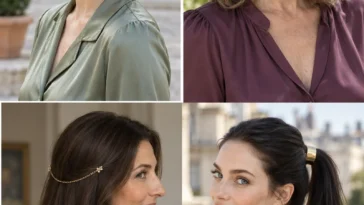 Four hair jewelry styles showing a pearl barrette, jeweled headband, draped chain and ponytail cuff