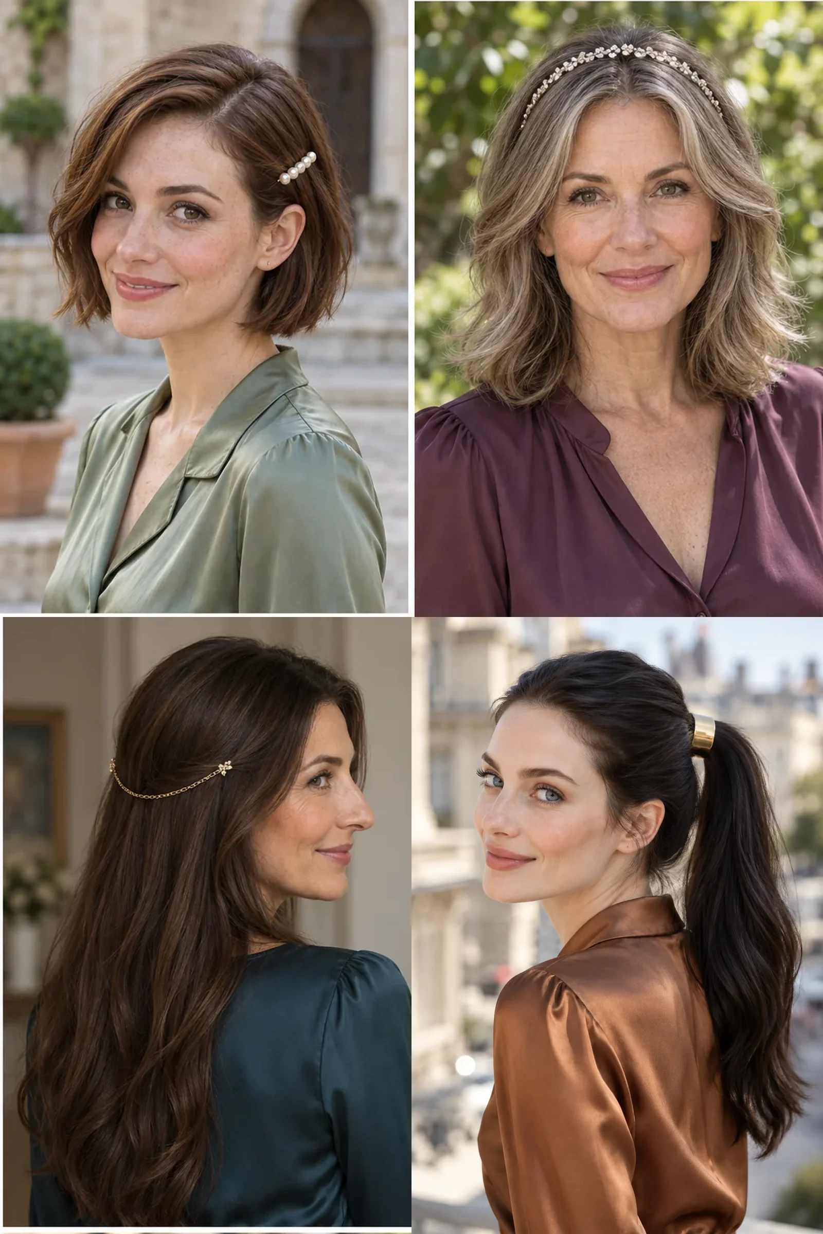 Four hair jewelry styles showing a pearl barrette, jeweled headband, draped chain and ponytail cuff