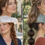 Four distinct hairstyles for long hair: chignon, half-up twist, side braid and bubble ponytail