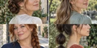 Four distinct hairstyles for long hair: chignon, half-up twist, side braid and bubble ponytail