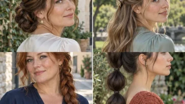 Four distinct hairstyles for long hair: chignon, half-up twist, side braid and bubble ponytail