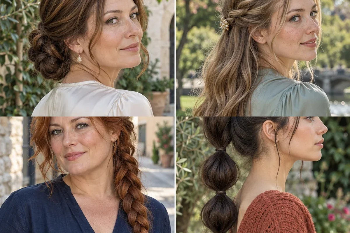Four distinct hairstyles for long hair: chignon, half-up twist, side braid and bubble ponytail