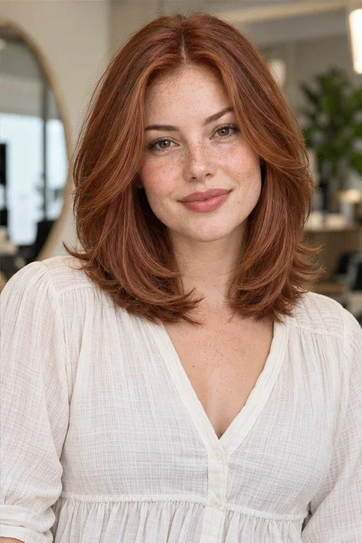 Copper shoulder-length hair with connected below-chin layers, rounded side volume and softly inward ends