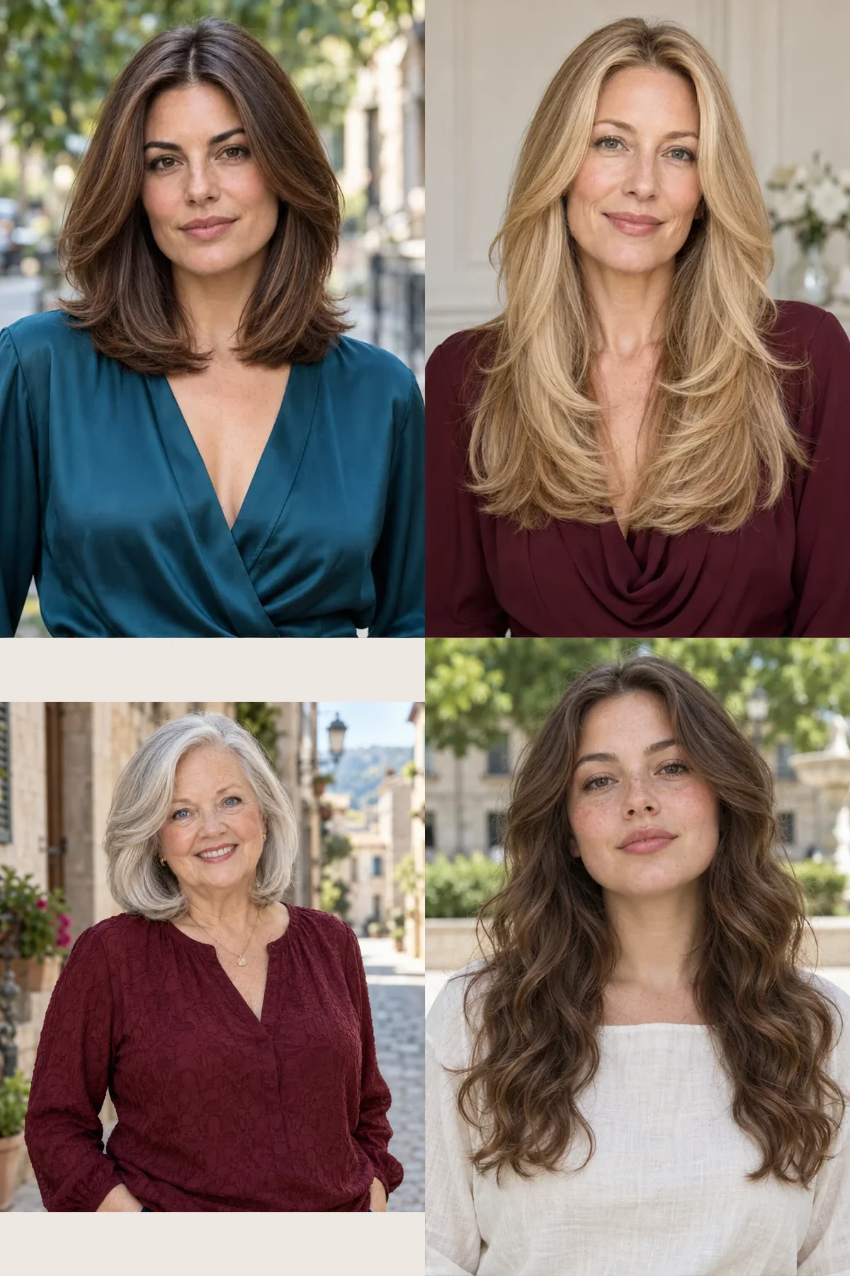 Four love-layer references showing a collarbone contour, long connected curves, an off-center sweep and soft waves