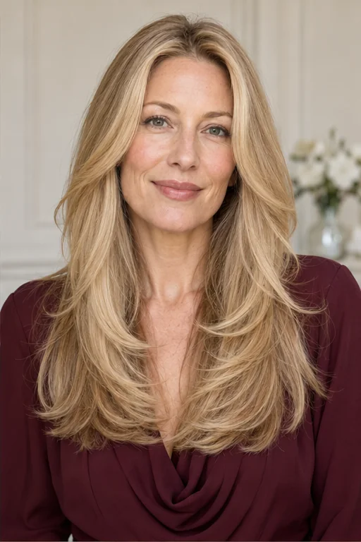 Long golden blonde hair with softly rounded sides and seamless curved layers flowing from below the chin to the chest