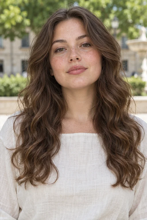 Medium brown hair below the shoulders with loose S-waves, rounded upper sides and gently narrowing wavy ends