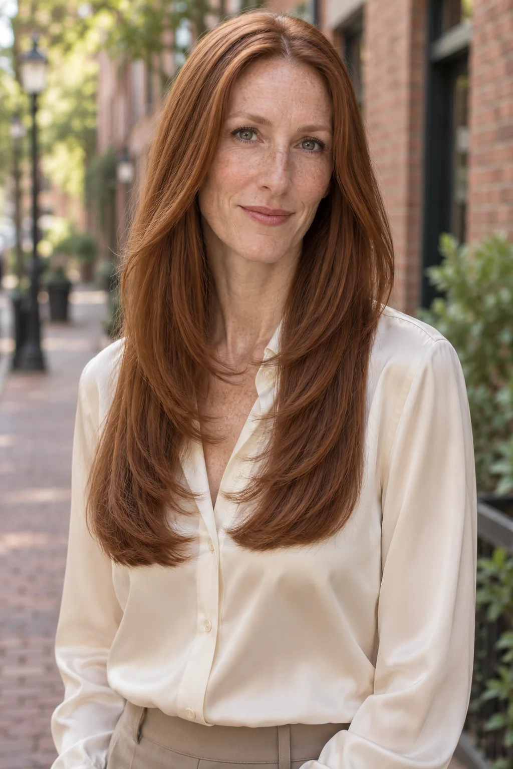 Long auburn hair with a rounded upper curved tier below the chin and a second connected inward tier at the chest
