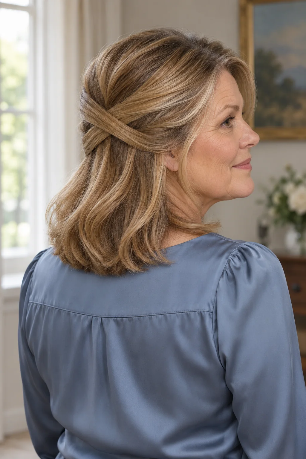 Dark blonde collarbone hair with two smooth side sections crossed in an X at the back