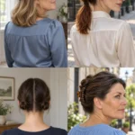 Four shoulder-length styles: crossed half-up sections, stacked ponytails, two low knots and a folded claw-clip twist