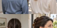 Four shoulder-length styles: crossed half-up sections, stacked ponytails, two low knots and a folded claw-clip twist