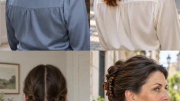 Four shoulder-length styles: crossed half-up sections, stacked ponytails, two low knots and a folded claw-clip twist