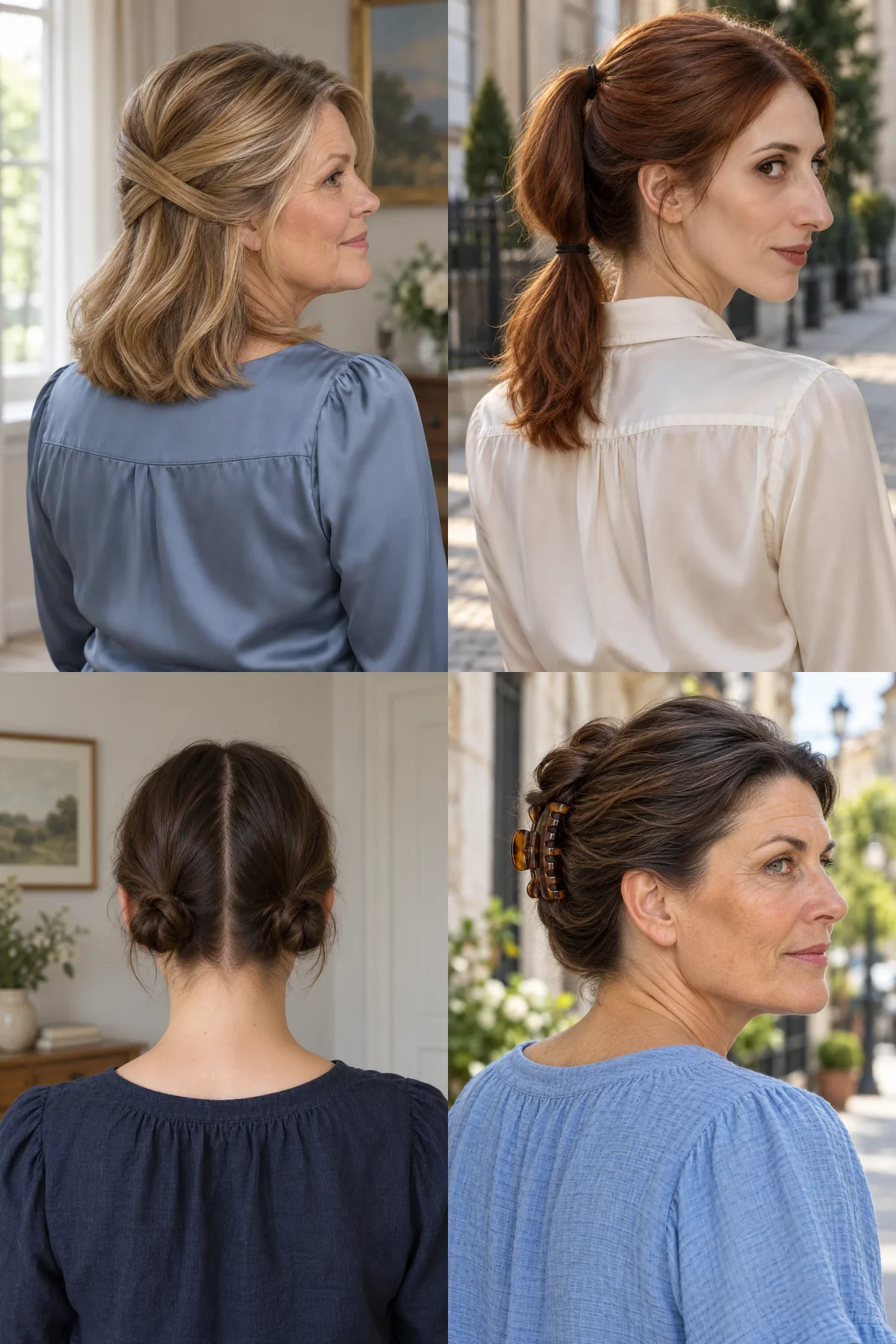 Four shoulder-length styles: crossed half-up sections, stacked ponytails, two low knots and a folded claw-clip twist