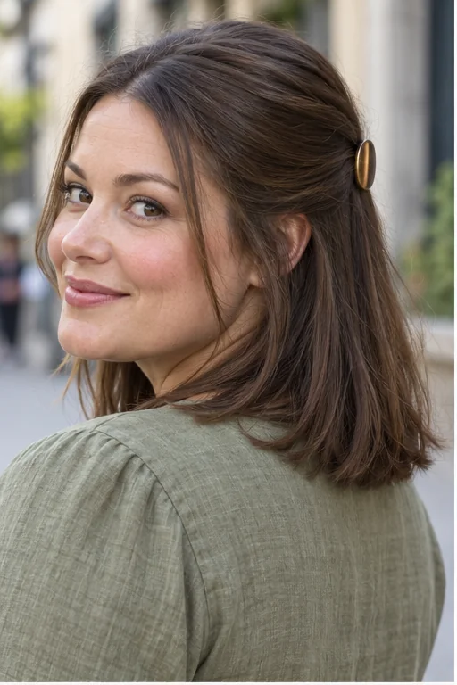 Shoulder-length chestnut hair with a flat oval barrette holding a small half-up section
