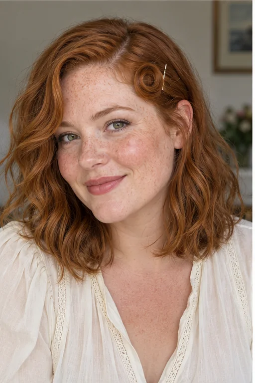 Copper shoulder-length hair with one small flat pin-curl accent at the front side and loose waves
