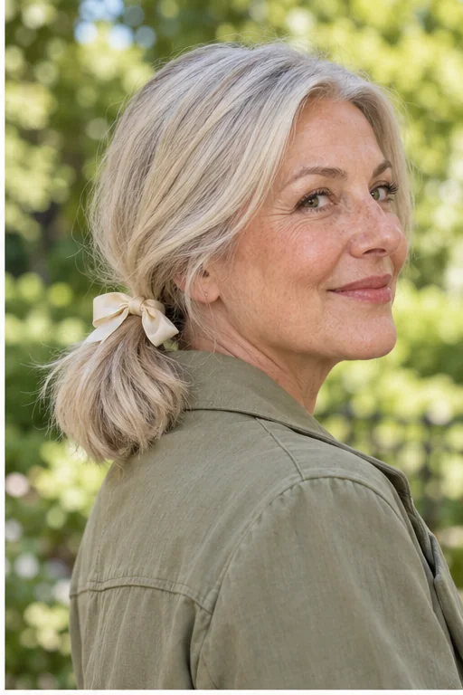 Shoulder-length blonde hair in a low side ponytail with a small cream ribbon bow