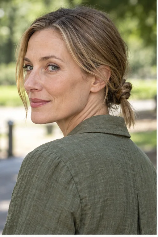 Collarbone dark blonde hair in a small low knot with a short loose tail pointing downward
