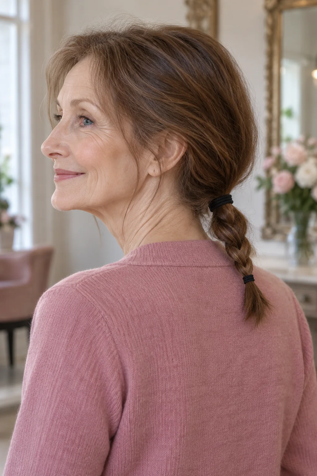 Shoulder-length chestnut hair gathered into a low ponytail with a short three-strand braid below the elastic