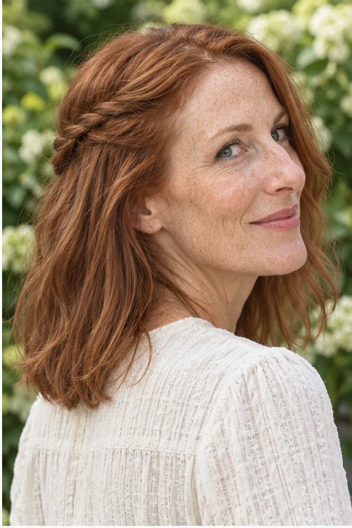 Copper shoulder-length hair with a single rope twist running above one ear into a hidden pin