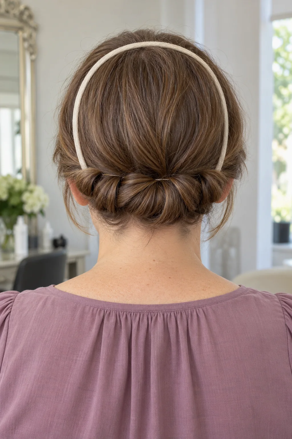 Collarbone chestnut hair tucked into a soft fabric headband to form a compact nape roll