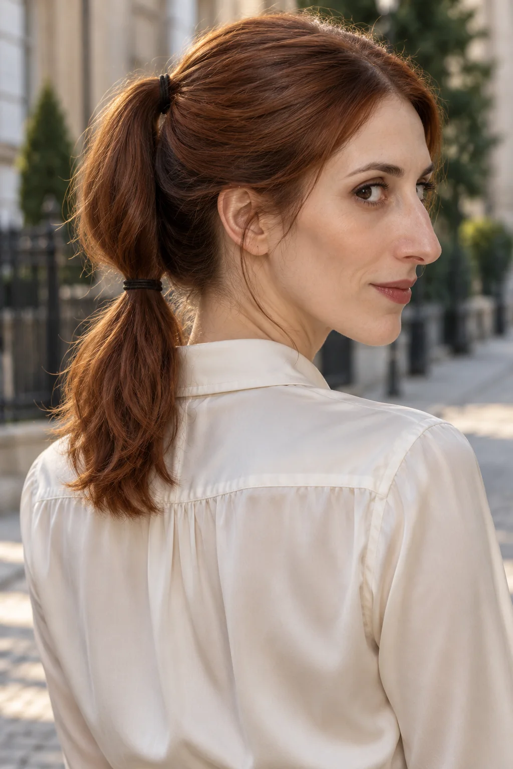 Auburn shoulder-length hair arranged in two ponytails stacked closely at the back