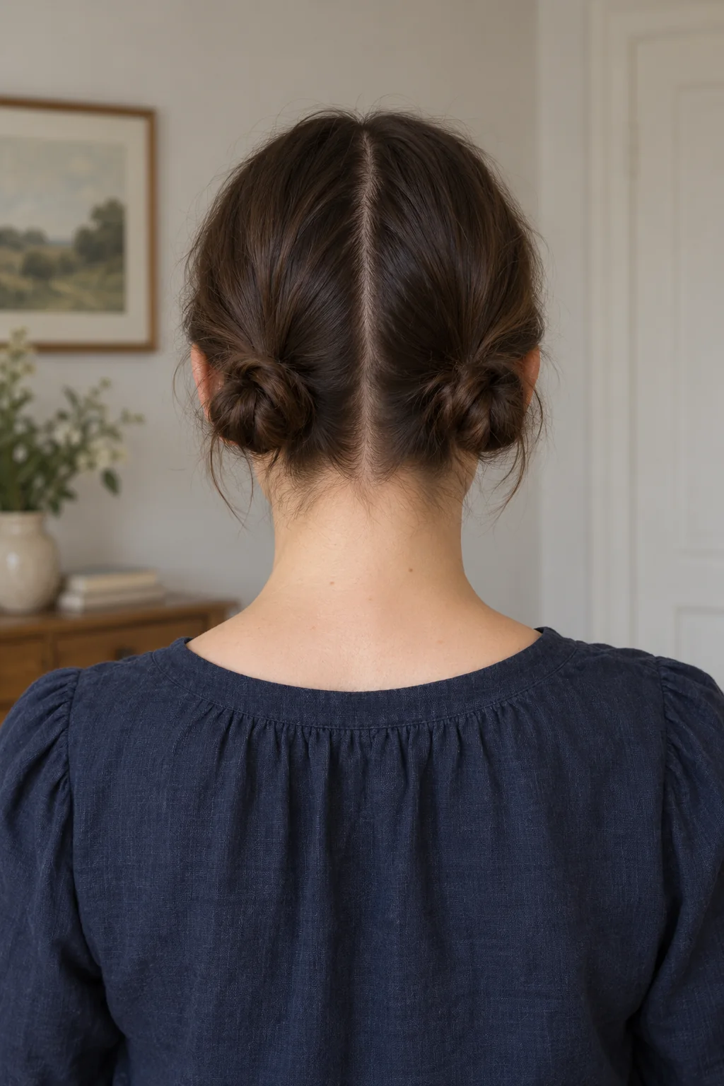 Dark shoulder-length hair divided into two compact low knots with a few soft ends visible