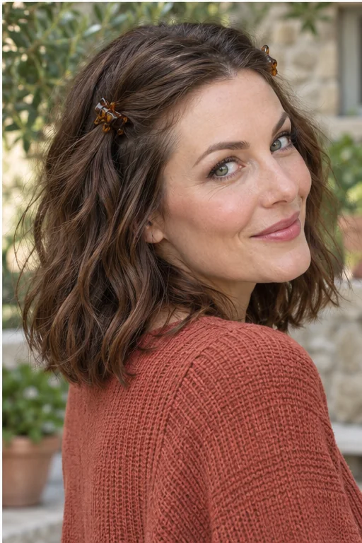 Wavy shoulder-length brown hair with one small claw clip holding a section at each temple