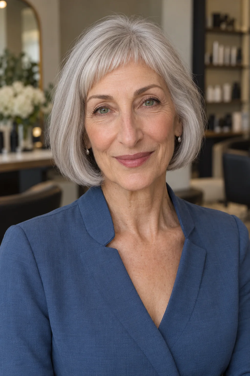 Silver rounded jaw-length bob with an arched micro fringe shorter centrally and longer at its corners