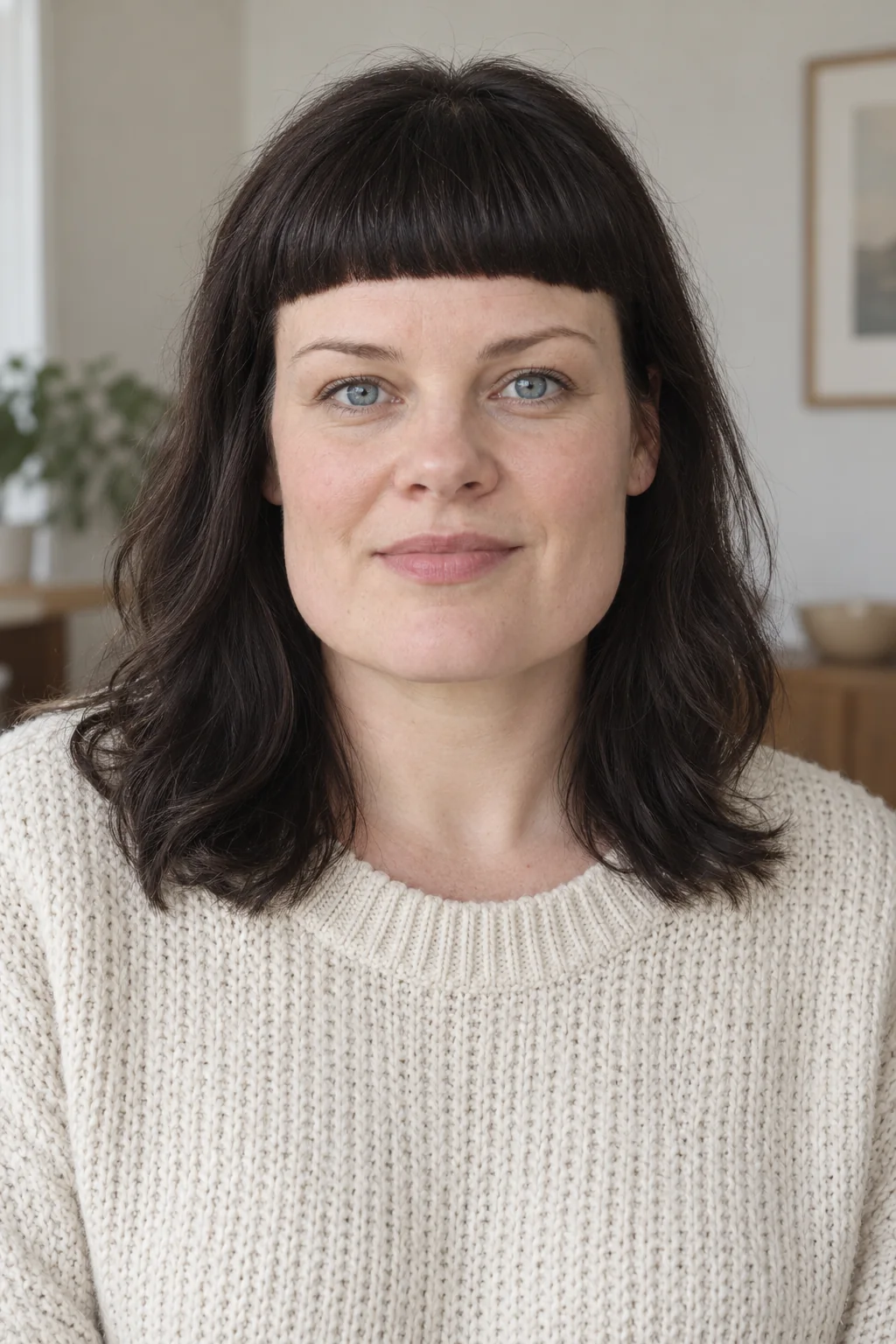 Thick dark shoulder-length hair with a broad solid micro fringe and tidy temple ends