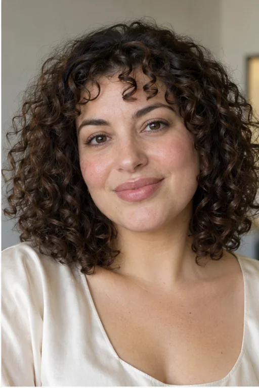 Dark rounded curly hair with individually placed short curl groups above the brows