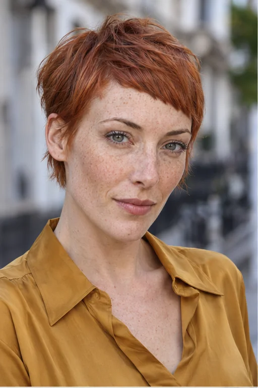 Copper ear-length crop with an asymmetric micro fringe sloping across the forehead above both brows
