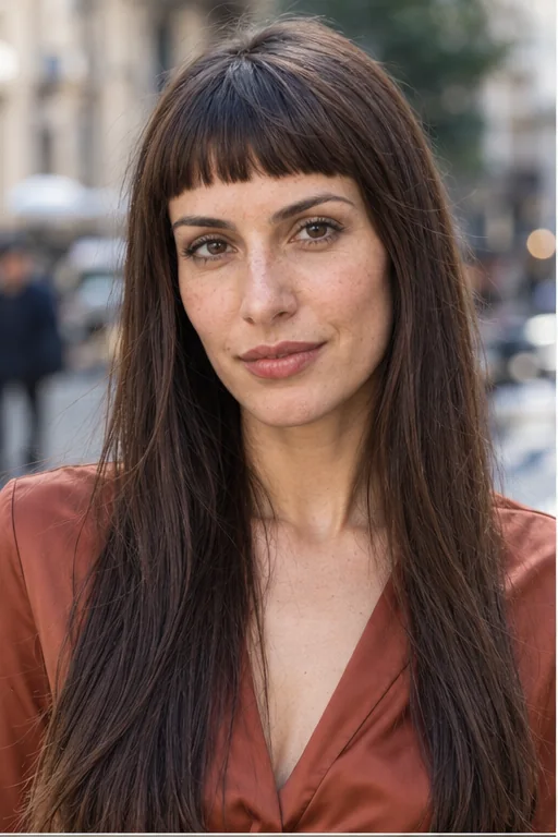 Long straight brunette hair with a dense horizontal micro fringe at mid-forehead