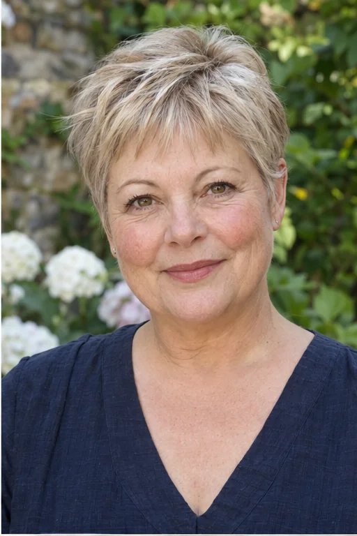 Ash blonde tapered pixie with a narrow feathered micro fringe and open temples