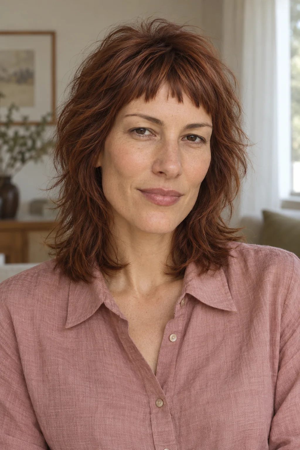 Auburn shoulder-length shag with visibly uneven notched micro bangs above the eyebrows