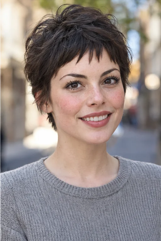 Dark brunette textured short crop with separated triangular micro fringe points above the brows