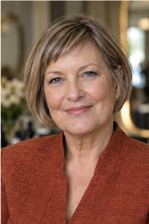 Dark blonde short bob with softly swept micro fringe sitting above the brows and following a mild directional hairline