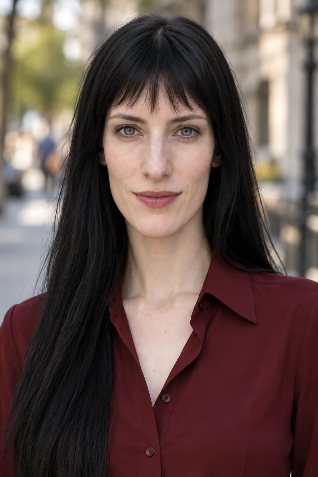 Long black hair with softly separated above-brow micro bangs and a small central opening
