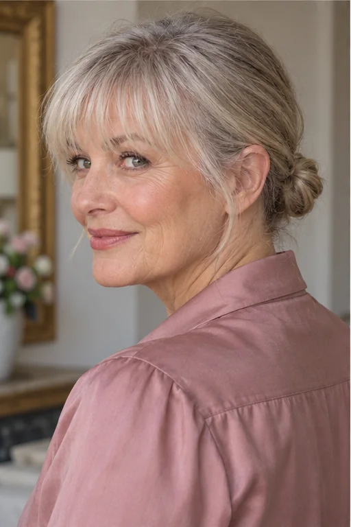 Silver blonde hair in a small sleek low bun with light eyebrow-length bangs